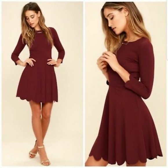 BOGO Beautiful Lulus Burgundy Scallop Skater Dress - Picture 2 of 5